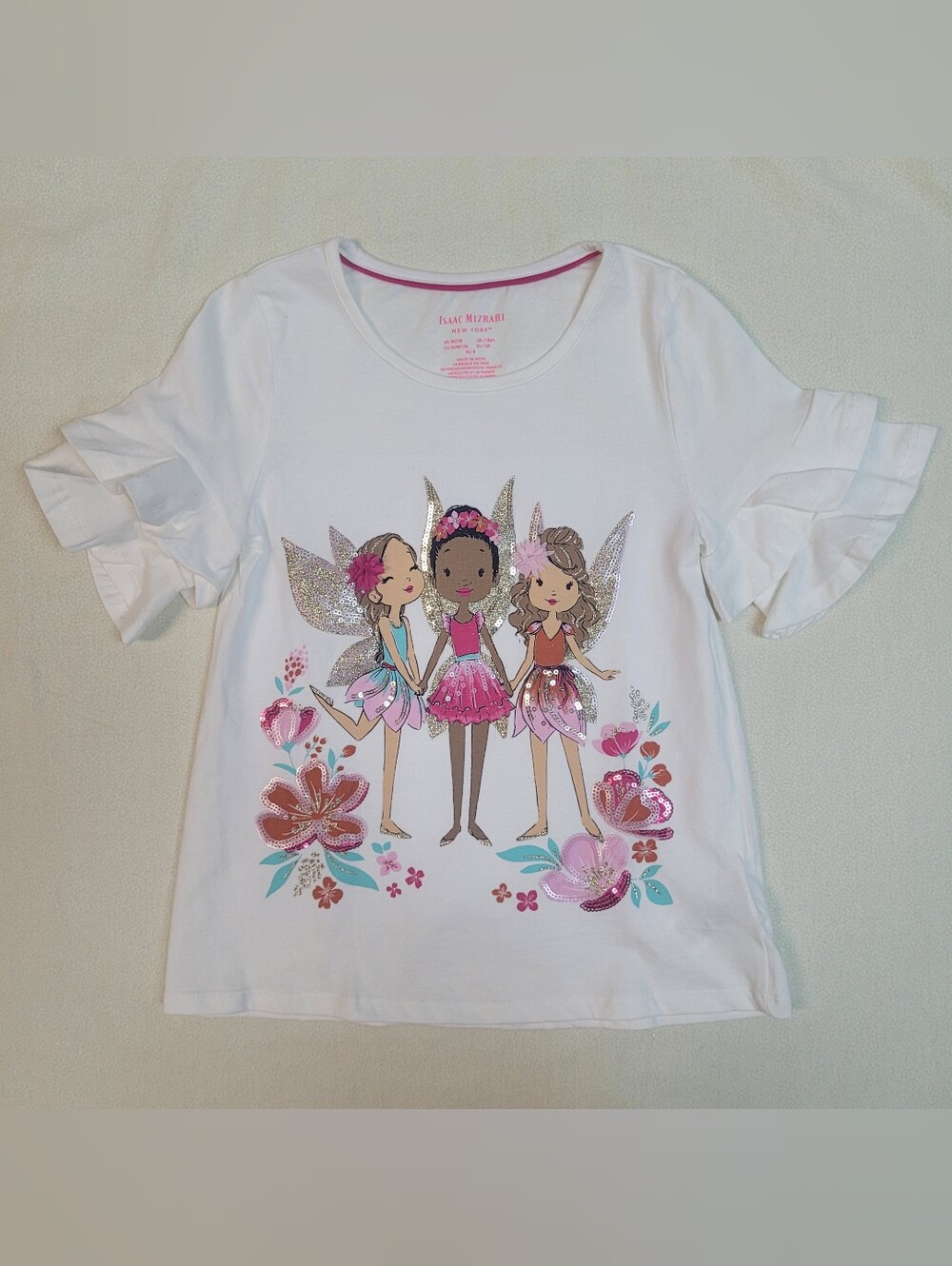 Isaac Mizrahi White Ruffled Tee, Glitter Fairy Trio, Girls 7/8 Magical Enchanted